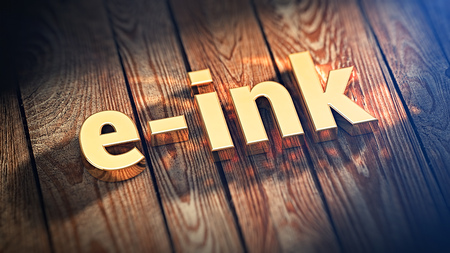 Books of 21st century. The word "e-ink" is lined with gold letters on wooden planks. 3D illustration pictureの写真素材