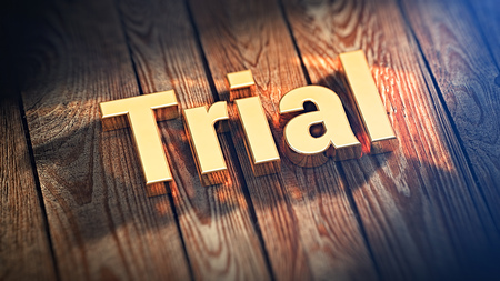Trial software header. The word "Trial" is lined with gold letters on wooden planks. 3D illustration pictureの写真素材