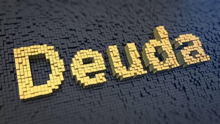 Spanish word Deuda (which means 'Debt') of the yellow square pixels on a black matrix background. 3D illustrationの写真素材