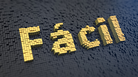 Easy life, easy live. Spanish word Facil (which means 'Easy') of the yellow square pixels on a black matrix background. 3D illustration picの写真素材