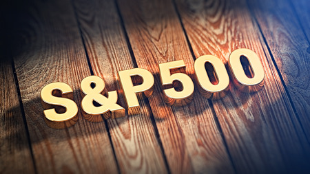 Stock market index. The word "S&P500" is lined with gold letters on wooden planks. 3D illustration graphicsの写真素材
