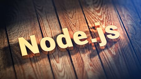 The popular server-side framework. The word "Node.js" is lined with gold letters on wooden planks. 3D illustration picの写真素材