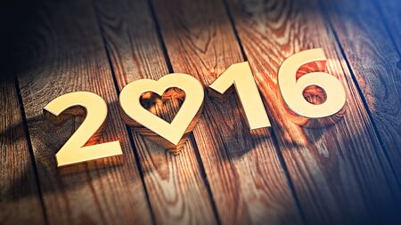 Lovely year 2016 is lined with gold letters on wooden planks. 3D illustration image
