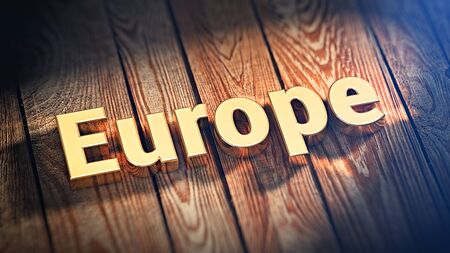 The word "Europe" is lined with gold letters on wooden planks. 3D illustration imageの写真素材