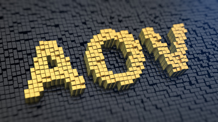 Average order value, marketing metrics. Acronym AOV of the yellow square pixels on a black matrix background. 3D illustration imageの写真素材