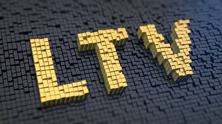 Life-time value of user cost. Acronym LTV of the yellow square pixels on a black matrix background. 3D illustration imageの写真素材