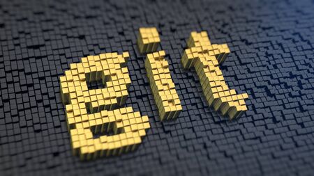 Revision control system. Word Git of the yellow square pixels on a black matrix background. 3D illustration imageの写真素材