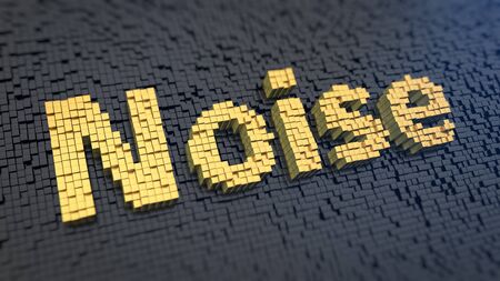 Who make noise? Word Noise of the yellow square pixels on a black matrix background. 3D illustration picの写真素材