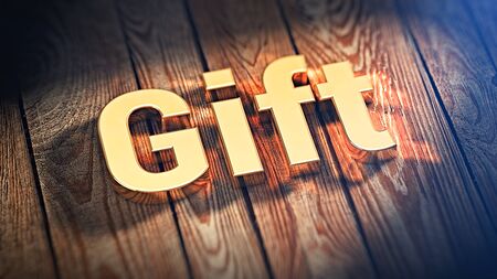 The word "Gift" is lined with gold letters on wooden planks. 3D illustration imageの写真素材
