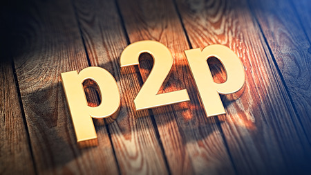 Distributed network data transfer. Peer to peer concept. Acronym "p2p" is lined with gold letters on wooden planks. 3D illustration imageの写真素材