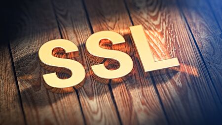 Network secure protocol concept. Secure sockets layer. Acronym "SSL" is lined with gold letters on wooden planks. 3D illustration imageの写真素材
