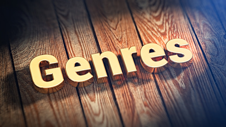 The word "Genres" is lined with gold letters on wooden planks. 3D illustration imageの写真素材