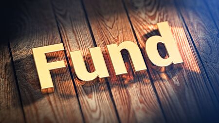 The word "Fund" is lined with gold letters on wooden planks. 3D illustration imageの写真素材