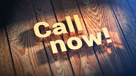 Words "Call Now" is lined with gold letters on wooden planks. 3D illustration imageの写真素材