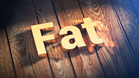 The word "Fat" is lined with gold letters on wooden planks. 3D illustration imageの写真素材
