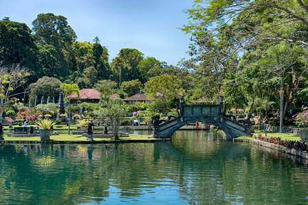 Tropical park around the pond in Tirta Gangga complex, Bali, Indonesiaの写真素材