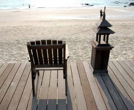 Wooden  deck chair in Pulau Redang, Malaysiaの写真素材