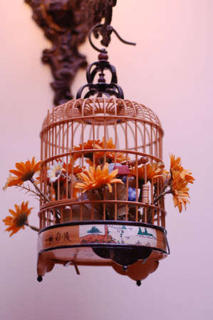 bird cage with ornamental flowers hanging from wall lightの写真素材