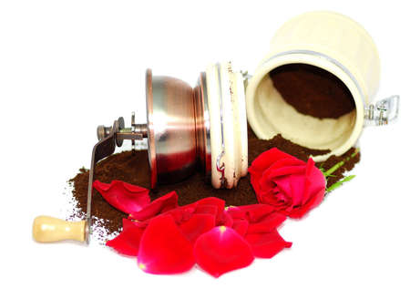 hand coffee grinder with grounded powderの写真素材