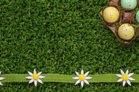 Easter spring eggs with flowers dasies on green grass