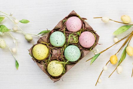 Easter spring eggs on white background textureの写真素材