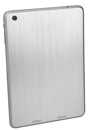 Tablet black silver metal on white background cutout isolated without screen sideの写真素材