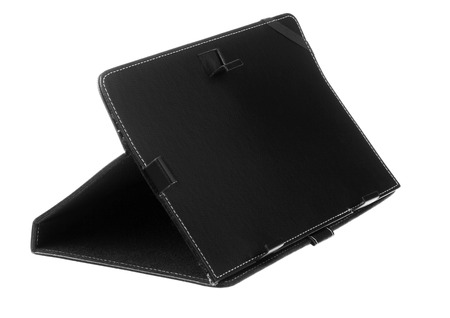 Black case open front flat for tablet on white backgroundの写真素材