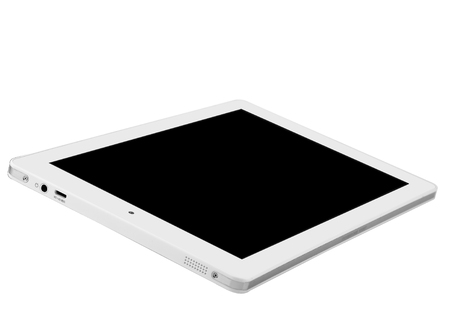 Tablet white on white background cutout isolated without screen sideの写真素材
