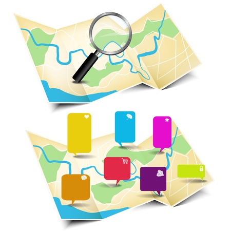 Map with magnifying glass and stickers, illustrationのイラスト素材