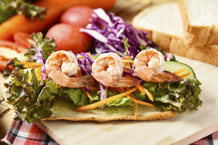 Vegetable Roll with shrimp on wooden background,Weight loss diet food.の写真素材