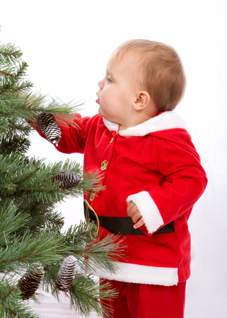 Santa Baby boy standing next to Christmas tree. Studio shoot on white .の写真素材