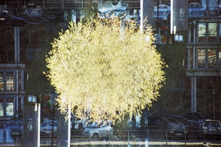 Double exposure of a woman in the front of a parking lotの写真素材