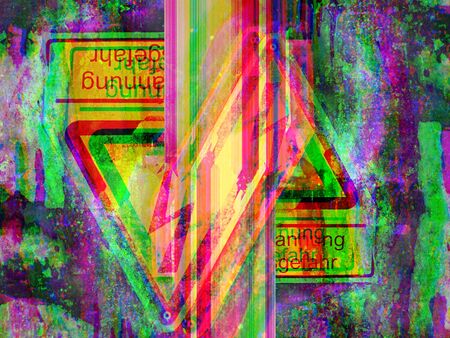 Mirrored double exposure of yellow electricity warning sign with video fxの写真素材
