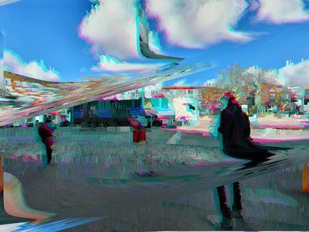 Photograph of pedestrians passing on a footpath, edited with video fx.の写真素材