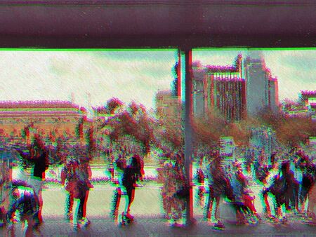 Photography of a group of people at a bus station, waiting for the busの写真素材