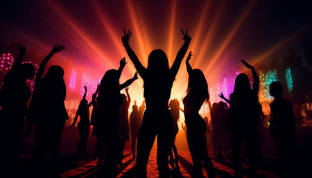 People dancing, celebrating success, having fun at music festival, gathering party, night clubの素材