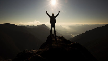 Celebrating success on a mountain top, mountain peak, Silhouette of a man with raised hands standing on top of a mountain.の素材