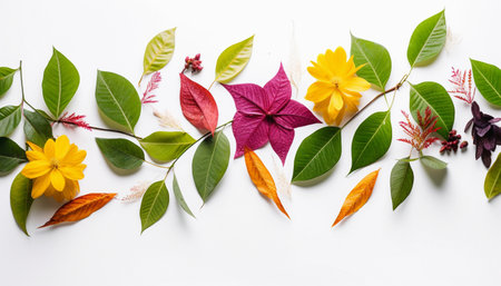 Colorful flowers and leaves on white background. Flat lay, top view