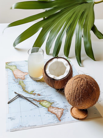 Coconut drink on a map of the world. Travel, Beach, Vacation, Travel Lifestyle, Beach fruits, Coconut tree, Coconut drink, Fruits, Coconut leaves, Beach and Coconut, Coconut juiceの写真素材