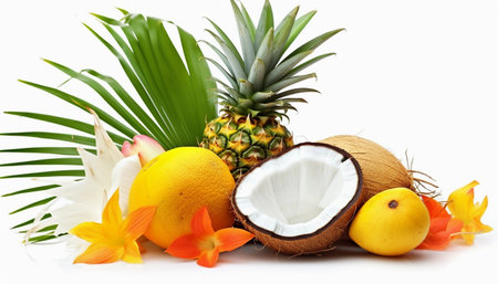 tropical fruits Coconut, Beach, Vacation, Travel Lifestyle, Beach fruits, Coconut tree, Coconut drink, Fruits, Coconut leaves, Beach, Coconut juice, Pineapple, lemon, orange.の写真素材