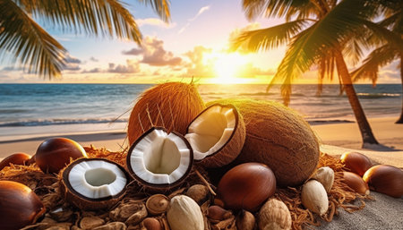 Coconut and nuts on the beach at sunset. Coconut, Vacation, Travel Lifestyle, Beach fruits, Coconut tree, Coconut drink, Fruits, Coconut leaves, Beach and Coconut, Coconut juiceの写真素材
