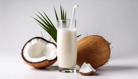 Coconut milk in a glass and coconuts on a white backgroundの素材