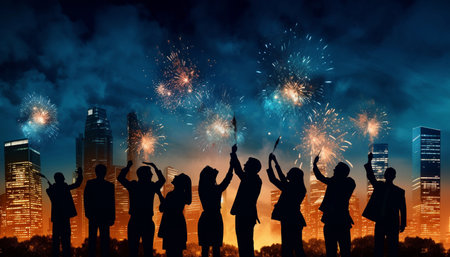 Silhouettes of business people celebrating with fireworks against night city backgroundの素材
