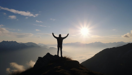 successful man on top of mountain reaches for the sun. success conceptの素材