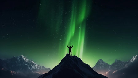 Man standing on top of a mountain with a glowing northern lights above himの素材