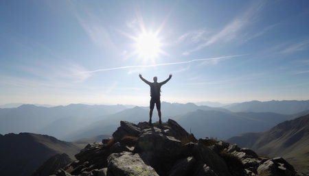 Silhouette of a man standing on top of a mountain and raising his handsの素材