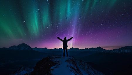 Man standing on top of a mountain with his arms raised and enjoying the aurora borealisの素材