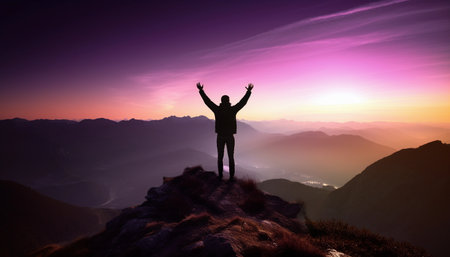 Silhouette of a man with raised hands on the top of a mountain at sunsetの素材