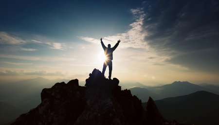 Silhouette of a man standing on top of a mountain and raising his hands upの素材