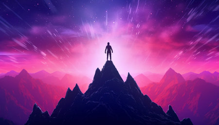 Man standing on top of a mountain and looking at the stars.の素材